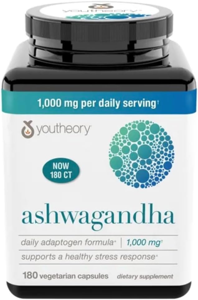 Youtheory Ashwagandha 1000mg με KSM-66 - Βοηθά στην υποστήριξη μιας υγιούς αντίδρασης στρες,180 κάψουλες (πακέτο του 1)