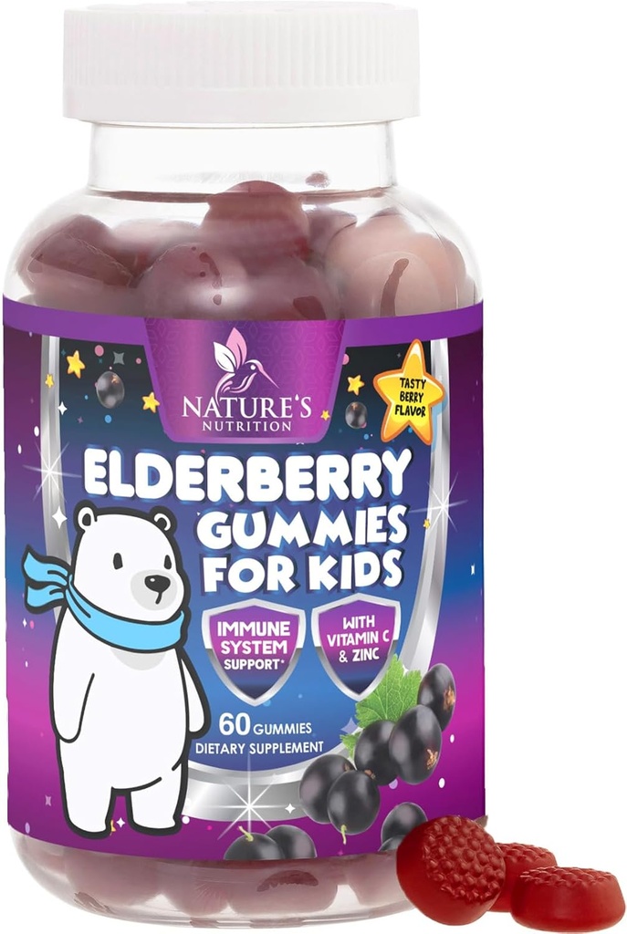 Kids Immune Support Elderberry Gummies - Daily Children's Vitamins C, Zinc & Kids Immunity Support Gummy - Nature's Sambucus Elderberry Supplement, Vegan, Gluten-Free, Tasty Berry Flavor - 60 Gummies