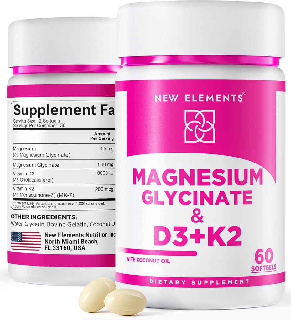 Magnezyum Glycinate 500 mg with High-Potency Vitamin D3 10.000 IU & Vitamin K2 200mcg | Optimal Aborpsiyon | Non-GMO, Gluten-Free, Sugar-Free Softgels (60 yumuşakgels)