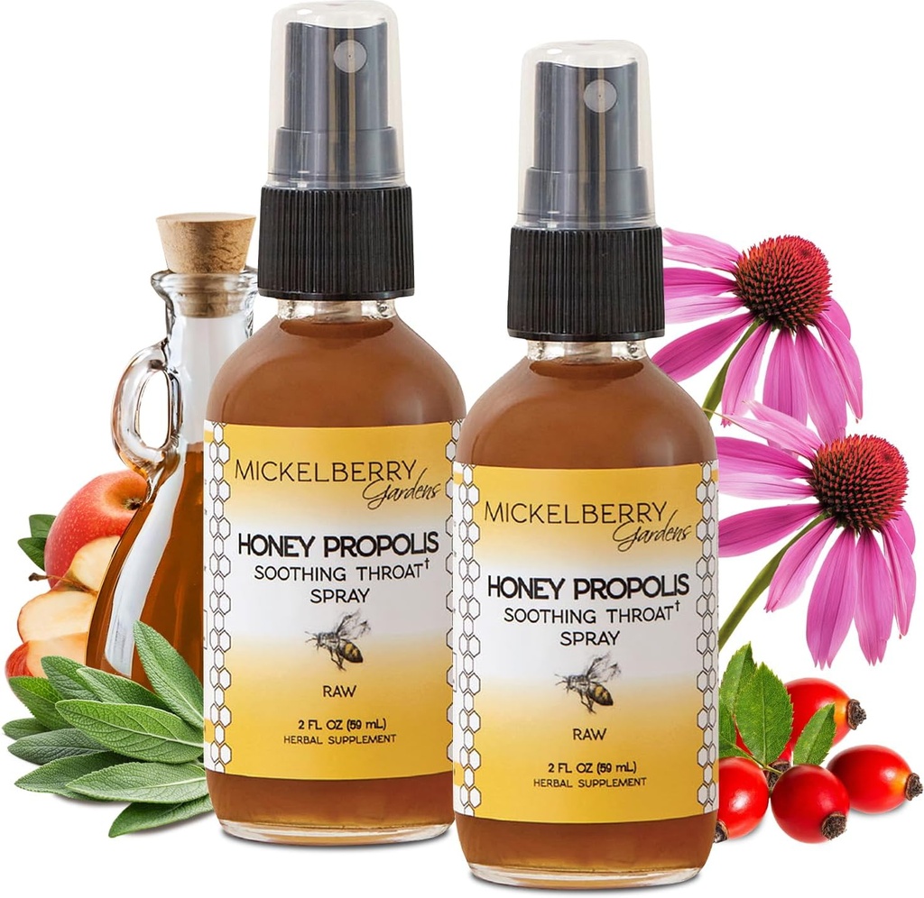 Mickelberry Gardens Honey Propolis Throat Spray - Καταπραϋντικό Sore Lroat Relief & Propolis ανοσοποιητική υποστήριξη για ενήλικες & παιδιά - Herbal & Honey Formula (2 oz, 2 Pack)