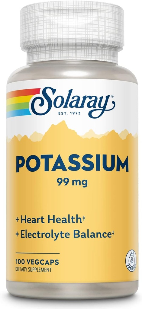 Solaray Potassium 99 mg - Electrolyte Balance Formula - Potassium Supplement for Electrolytes, Vascular and Heart Health Support - 60-Day Money Back Guarantee, Lab Verified, 100 Servings, 100 VegCaps