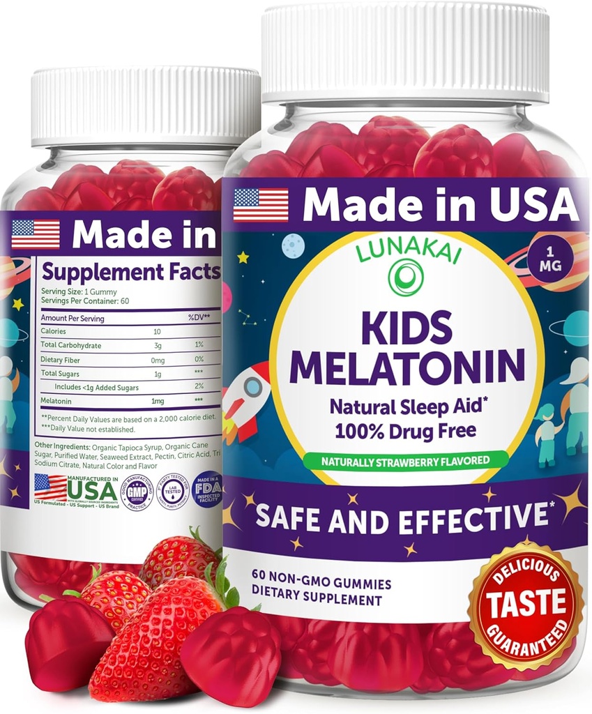 Lunakai USA Made Kids Μελατονίνη Gummies 1mg - Ασφαλής & Φυσική Βοήθεια για τον Ύπνο για Παιδιά 2+ - Μη ΓΤΟ, Vegan, Χωρίς Γλουτένη - 60 Count