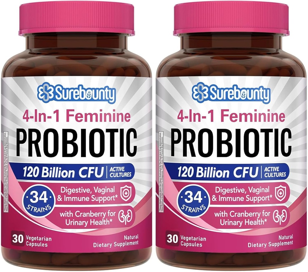 Kadınlar için probiyotikler, 120 Milyar CFU 34 Strains, Prebiyotikler, Digestive Enzymes, Cranberry, 4-in-1 Feminine Probiyotik, Digestive, Vaginal, Immune Support, 60ct (Pack of 2)