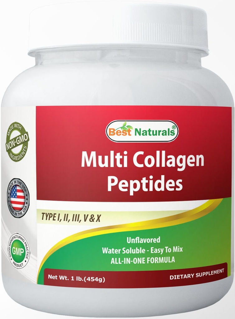Best Naturals Πολλαπλό κολλαγόνο Peptides Πρωτεΐνη τύπου I, II III, V & X Κολλαγόνο χωρίς γεύση 1 λίρα - Grass Fed & Pasture Αυξημένο - Διαλυτό νερού - Εύκολο στην ανάμειξη