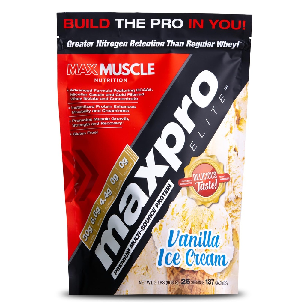 Max Muscle Maxpro Elite Whey Protein Toz | 30g protein | 0g Sugar | 6.6g BCAAs | Micellar Casein Cold Filtered Whey Isolate Protein | Kas Büyüme ve Kurtarma (Vanilla Buz Kremi 2lb)