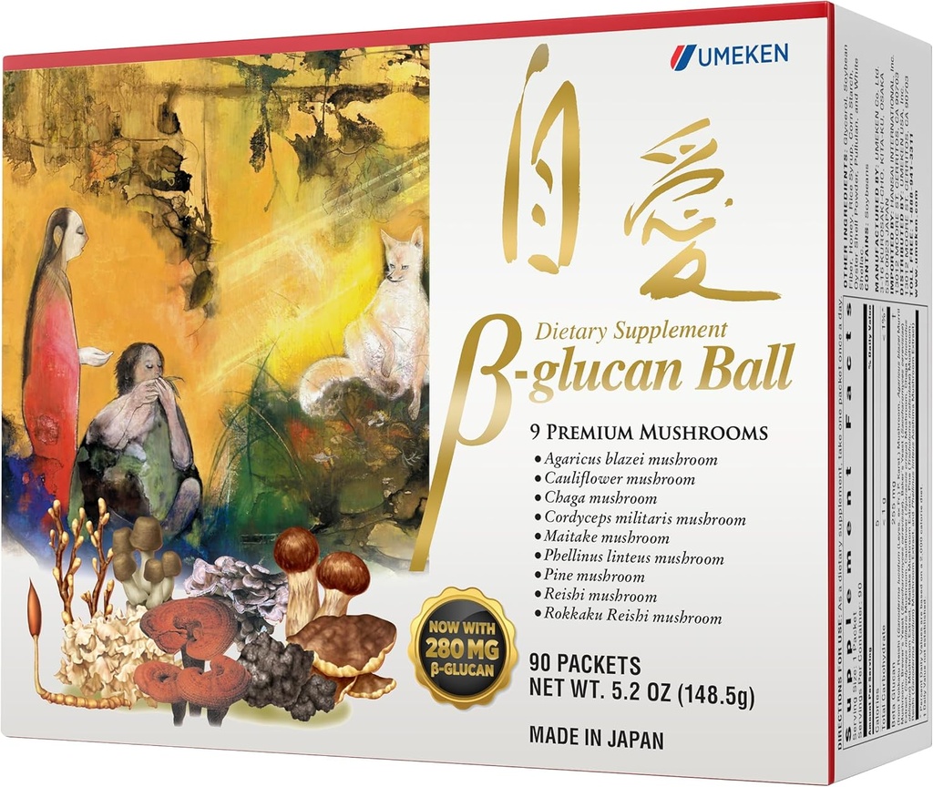 Umeken Beta Glucan, Immune Boost, Mushroom Extract, Dietary Supplement, 9 Premium Mushroom Extract Packets, Beta Glucan Supplements, 3 Moon Supply, 90 Count Box, 1 Mart