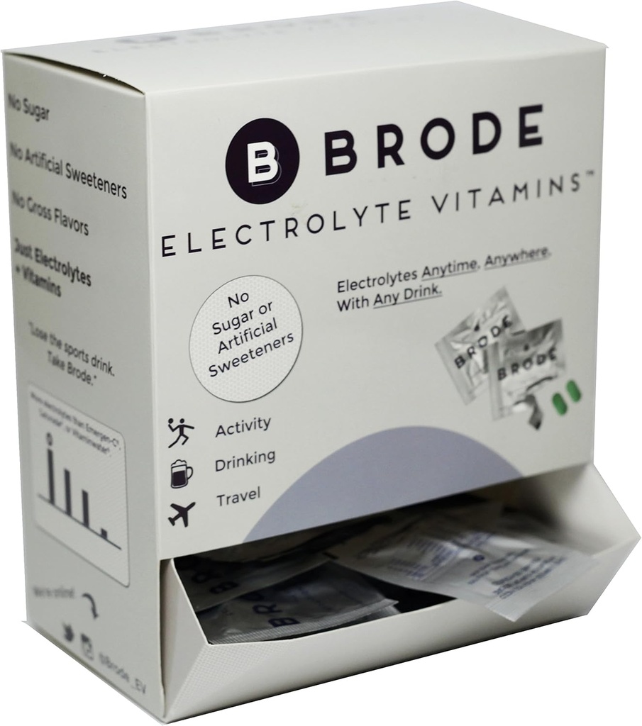 Brode Electrolyte Vitamin - Φορητά Zero- Sugar Electrolyte Tablets - για σπορ, νυχτερινή ζωή, Jet Lag, 5 Essential Electrolytes + 9 Βιταμίνες 100-Packets
