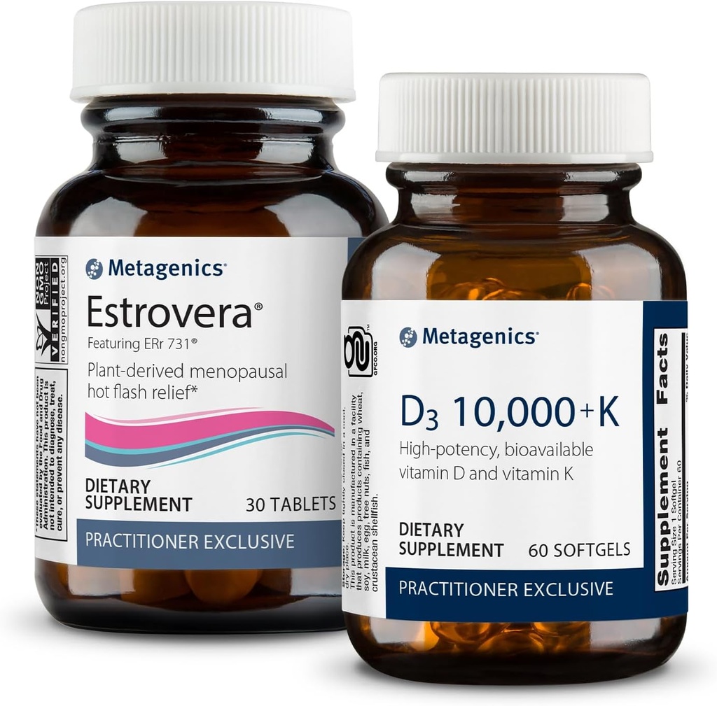 Μεταγονική Εμμηνόπαυση Duo: HerWellness Estrovera - Όλα-φυσικά, χωρίς ορμονική εμμηνόπαυση συμπλήρωμα υποστήριξης - 30 δισκία & βιταμίνη D3 10.000 + K - για την υγεία των οστών & καρδιάς - 60 Softgels