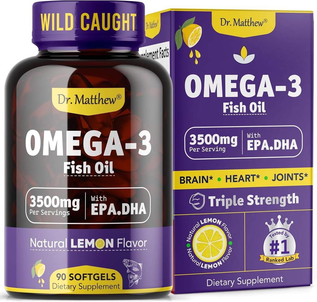 Omega-3 Fish Oil, 3500 mg, Υψηλή EPA & DHA – Δεν Fishy Γεύση, Easy to Swallow, Burpless, Natural Lemon – Υποστηρίζει την καρδιά, τον εγκέφαλο και κοινή υγεία – 90 Softgels – Wild Caught.