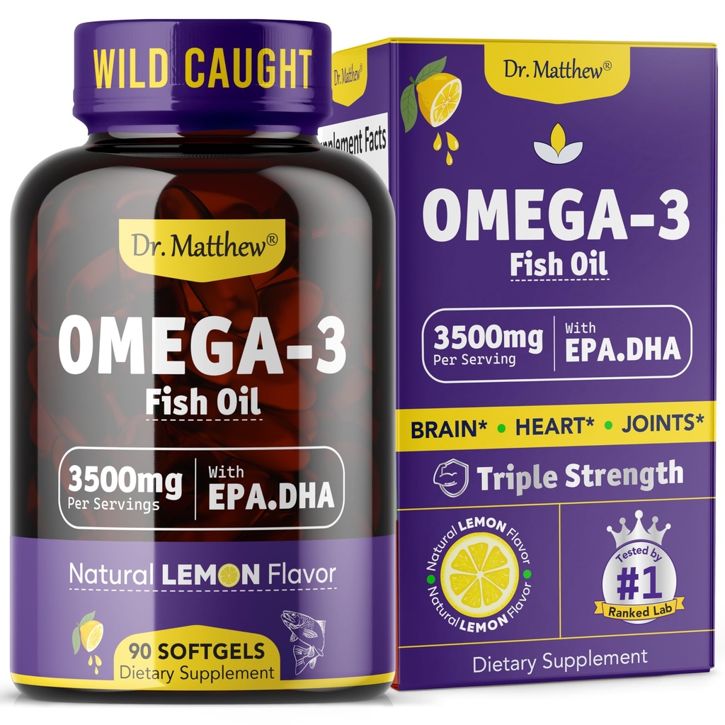 Omega-3 Fish Oil, 3500 mg, High EPA & DHA - Balık Tadısı Yok, Swallow, Burpless, Natural Lemon – Supports Heart, Brain & Joint Health – 90 Softgels – Wild Caught.