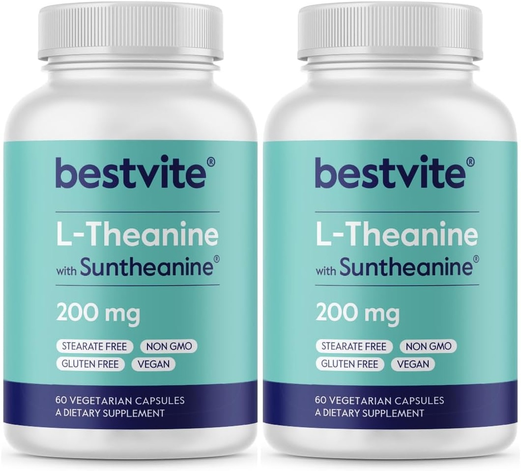 BESTVITE Double Strength Suntheanine L-Theanine 200 mg – Patented & Klinik olarak Studied – 120 Vejetaryen Capsules (2 x 60) – Vegan – Hayır Stearates – Non GMO – Gluten Free – Relaxation Support