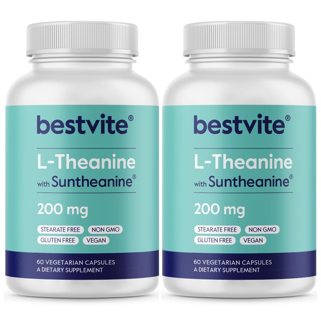BESTVITE Double Strength Suntheanine L-Theanine 200 mg – Patented & Klinik olarak Studied – 120 Vejetaryen Capsules (2 x 60) – Vegan – Hayır Stearates – Non GMO – Gluten Free – Relaxation Support