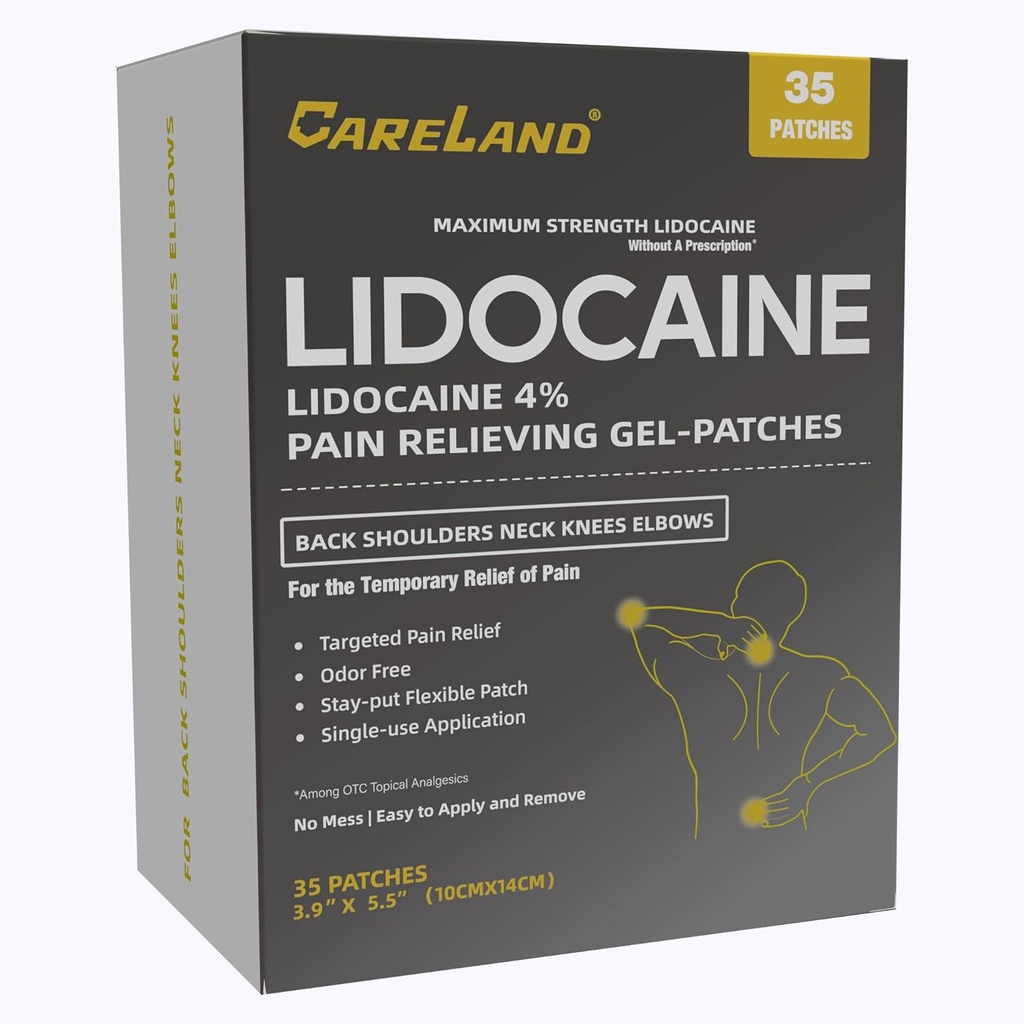 CARELAND 4% Lidocaine Gel Patch, 35 Count Maximum Strength Pain Patches for Muscle Relief in Neck Knee Back and Shoulders Unscented Numbing Patch for Soothing Nerves, Joints