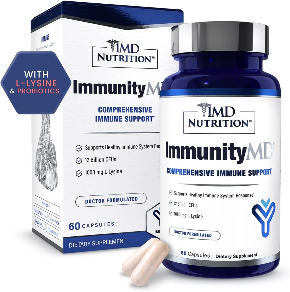 1MD Beslenme ImmunityMD - Immune Health Probiyotik | Potent, Doktor Seçilmiş Probiyotik Strains with Prebiyotik - Genel Immune System Strength, Reduce daily Stress | 60 Capsules