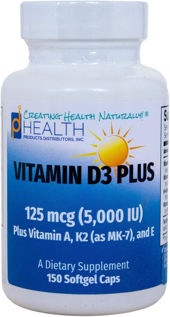 VITAMIN D3 PLUS -125 mcg (5000 IU) Vitamin D3 | Vitamin K2 (MK-7) ve Vitamin A | Doğal Vitamin D Formu | Antioksis olarak Tocotrienols içerir | Non-GMO |150 Softgel Caps