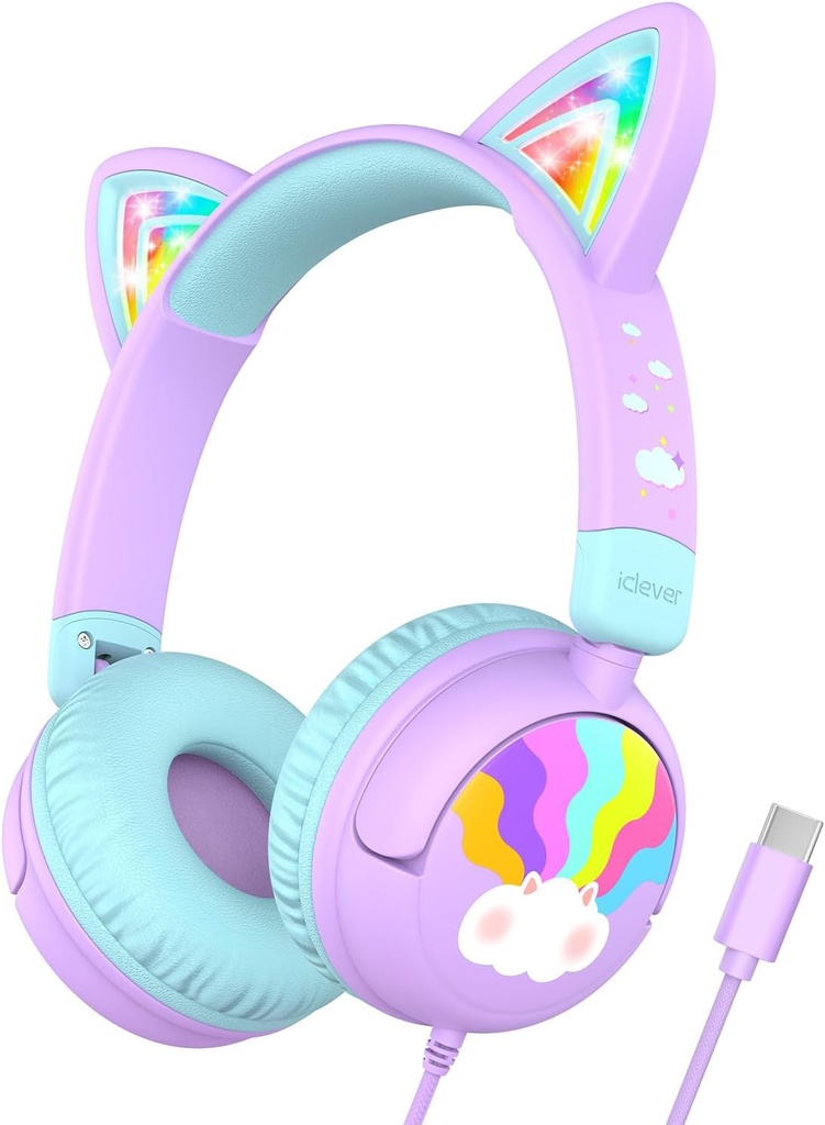 iClever Kids USB C, LED Light Up, 85dBA Güvenli Cilt, Stereo Sound Toddler, iPad Tabletleri için Cord ile çocuklar, Meow Lollipop-Purple,