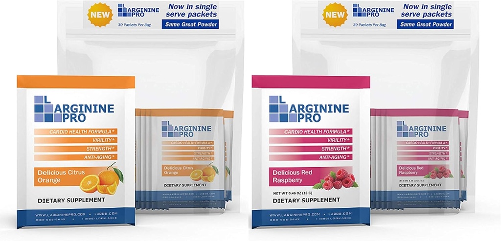 L-ARGININE PRO Supplement Toz | 60 Packets Single Serve Travel Size | L-arginine Plus 1,100 mg L-Citrulline, Raspberry & Orange