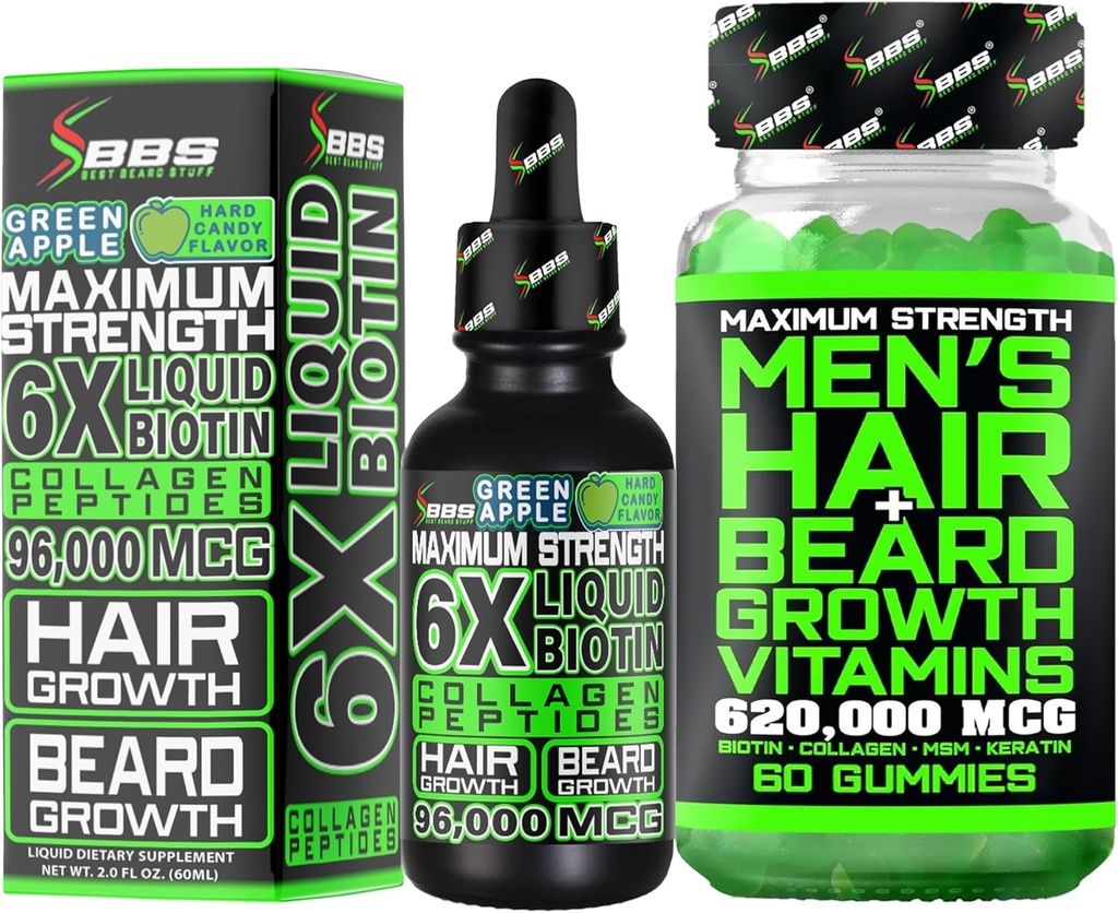 Κιτ ανάπτυξης γενειάδας w/ 6X Liquid BIOTIN συμπλήρωμα με κολλαγόνο Peptides + 620.000mcg 14-in-1 BIOTIN Gummies/Beard Growth Vitamins & Hair Growth Vitamins for Men - Formulated in America