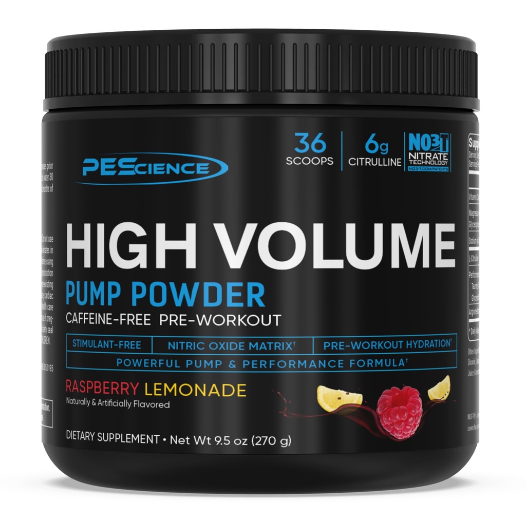 PE Science High Volume Stim-Free Pre Workout, L Citrulline & L Arginine Nitrate, Non-Stim Preworkout for Men and Women, 36 Scoops, Raspberry Lemonade