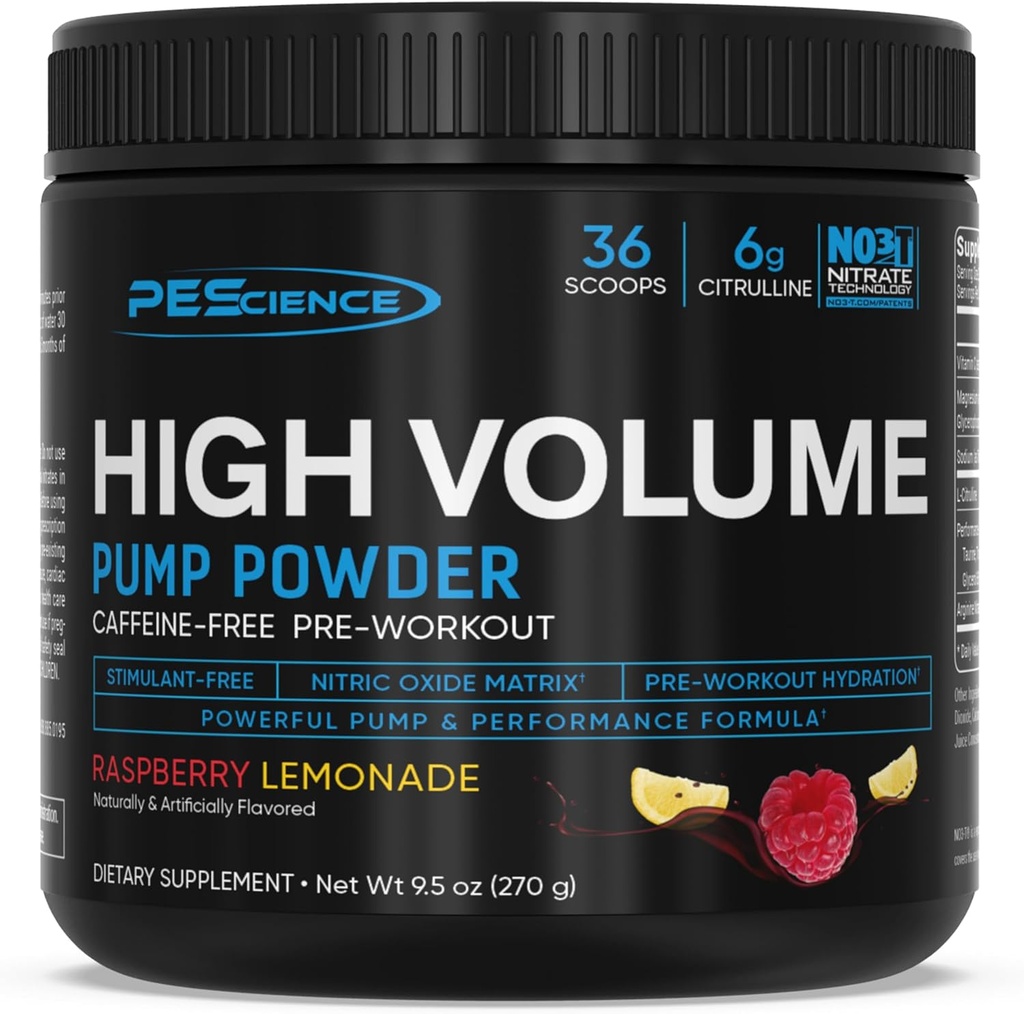 PE Science High Volume Stim-Free Pre Workout, L Citrulline & L Arginine Nitrate, Non-Stim Preworkout for Men and Women, 36 Scoops, Raspberry Lemonade