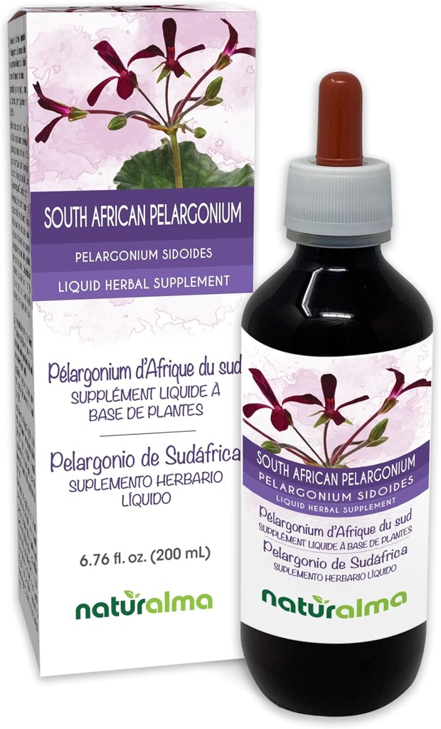 Naturalma South African Pelargonium or Umckaloaba (Pelargonium sidoides) Root Alcohol-Free Tincture - 6.76 fl oz Liquid Extract in Drops - Herbal Supplement - Vegan