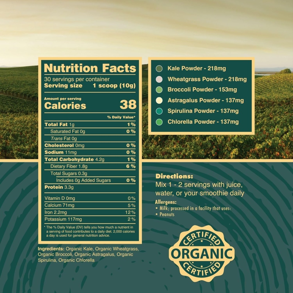 Organic Greens Superfood Powder, USA Grown - Kale, Alfalfa Grass, Wheatgrass, Barley Grass, Astragalus, Spirulina, Oat Grass & Chlorella, USA Grown (10.6 oz, 1 Month Supply)