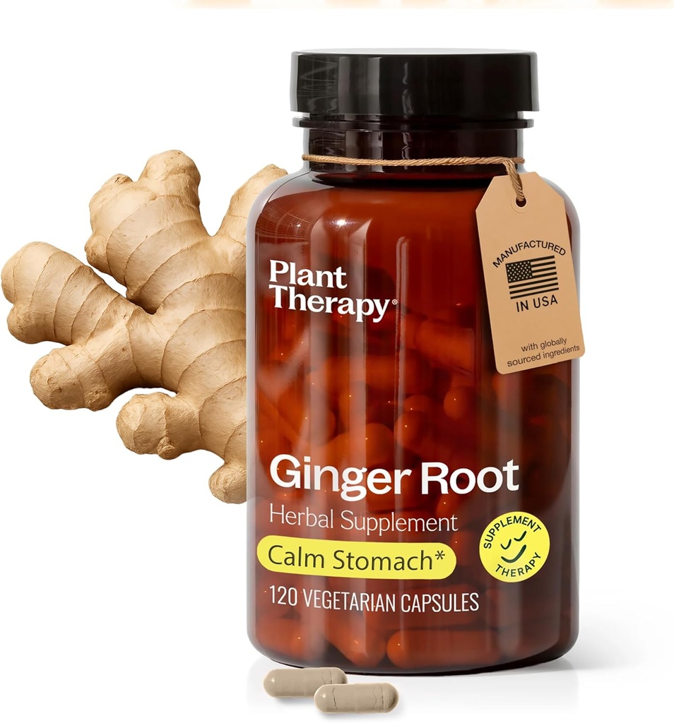 Plant Therapy Ginger Root Capsules ABD 4 Ay Supply Calms Upset Stomachs, Supports Digestive Immune Health, Potent Extract Supplements for Women & Men 120 Vegetarian Capsules