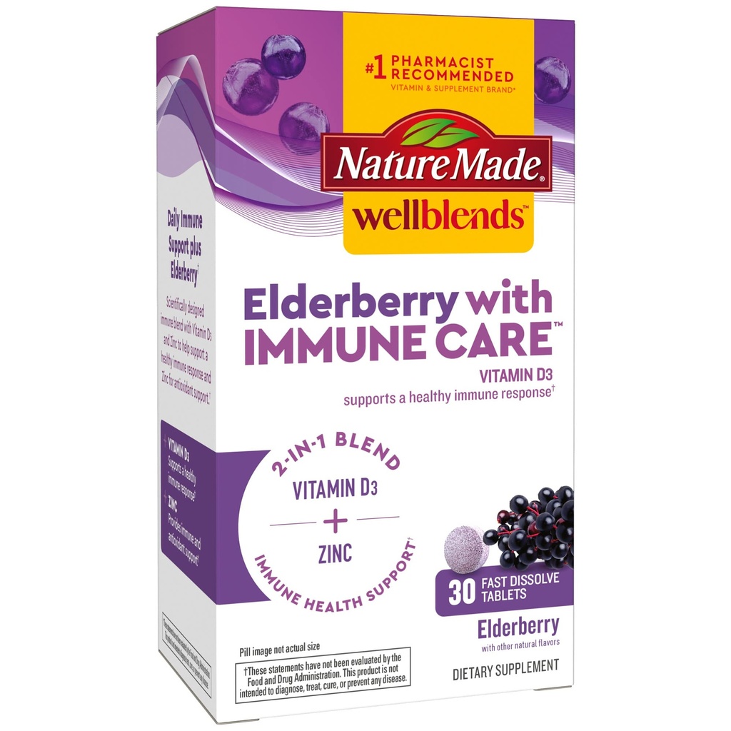 Nature Made Wellblends Elderberry με Ανοσοποιητική Κάρτα, Βιταμίνη D3 και Ψευδάργυρο, με Γεύσεις Elderberry, 30 Δισκία ταχείας διάλυσης
