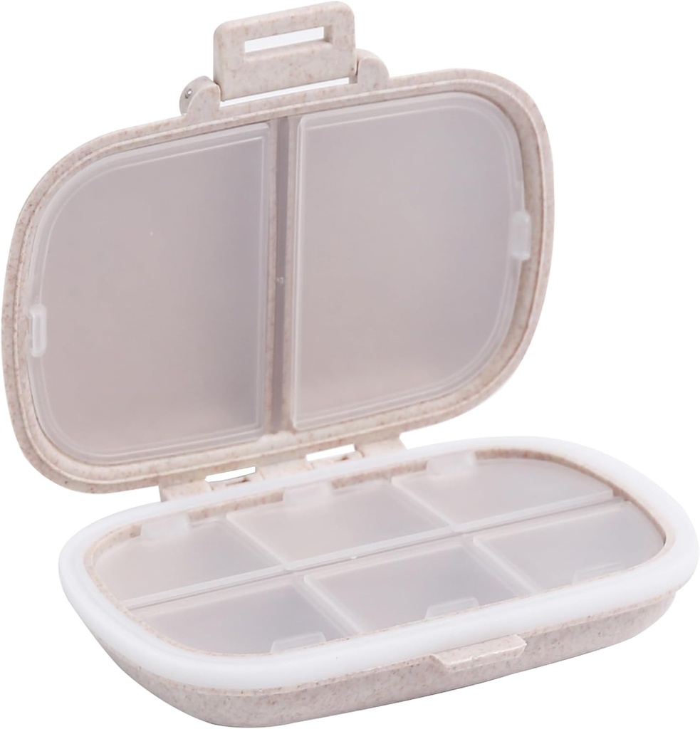 8 Compartments Travel Pill Organizer, Daily Pill Case Small Pill Box for Pocket Purse, Portable Pill Container Medicine Vitamin Organizer (Khaki)