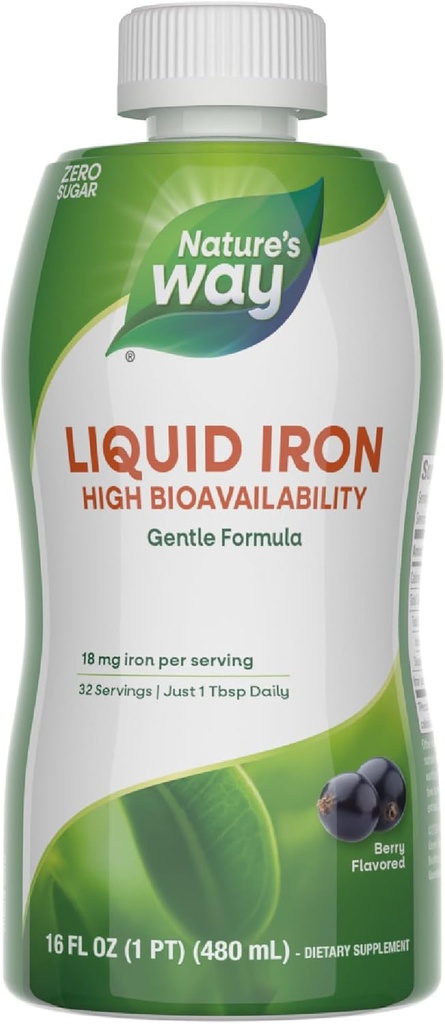 Nature's Way Liquid Iron, 100% Daily Value, 18 mg Iron as Ferric Glycinate per Service, No Sugardrew, Berry Flavored, 16 Fl Oz (Pazar Mayıs Vary)