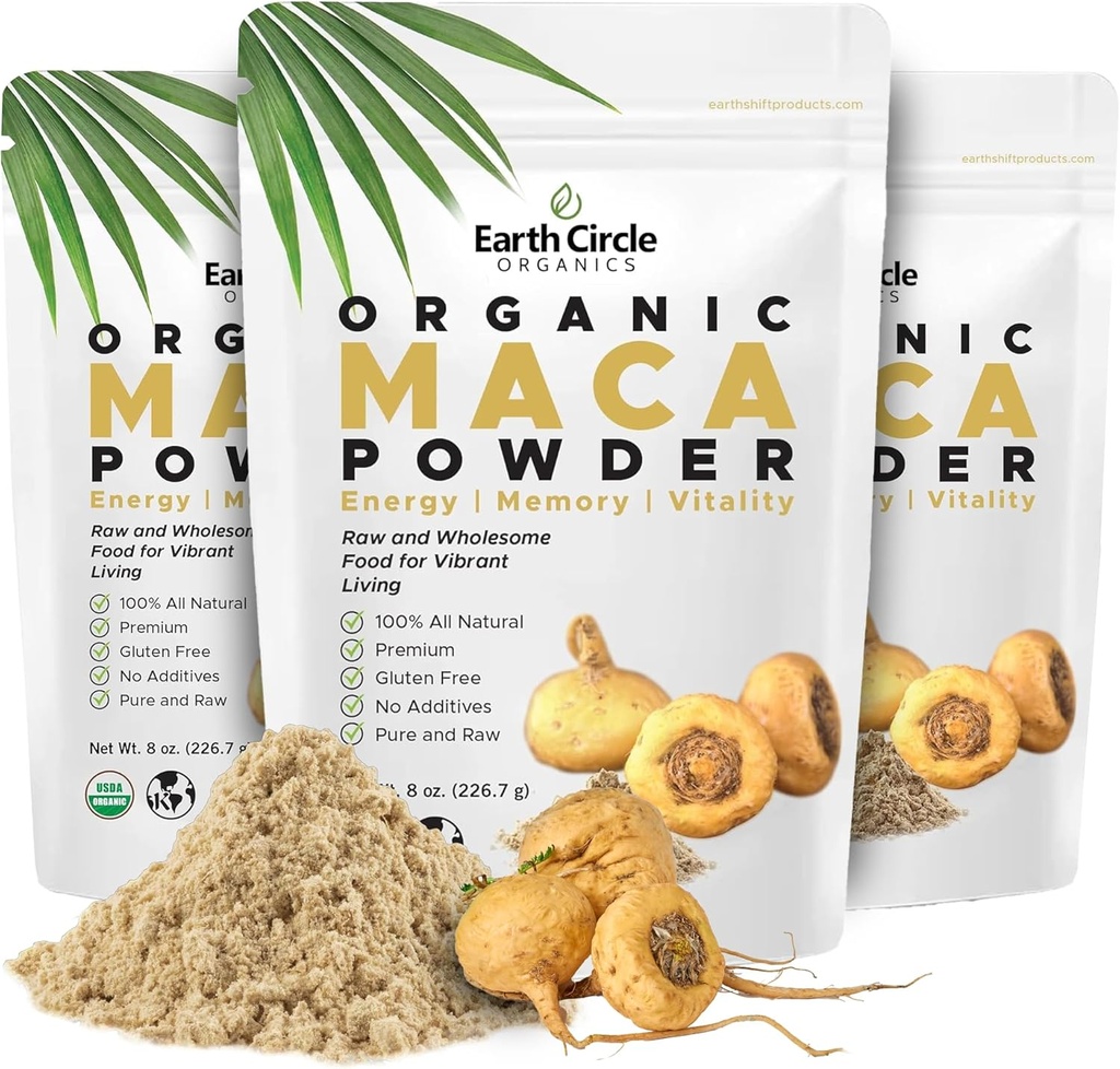 Earth Circle Organics Κίτρινη σκόνη ρίζας Maca, φυσικό σούπερ φαγητό, βοηθά με την ενέργεια, το βάρος και τη γονιμότητα των γυναικών - Vegan - 8 ουγγιά (πακέτο των 3)