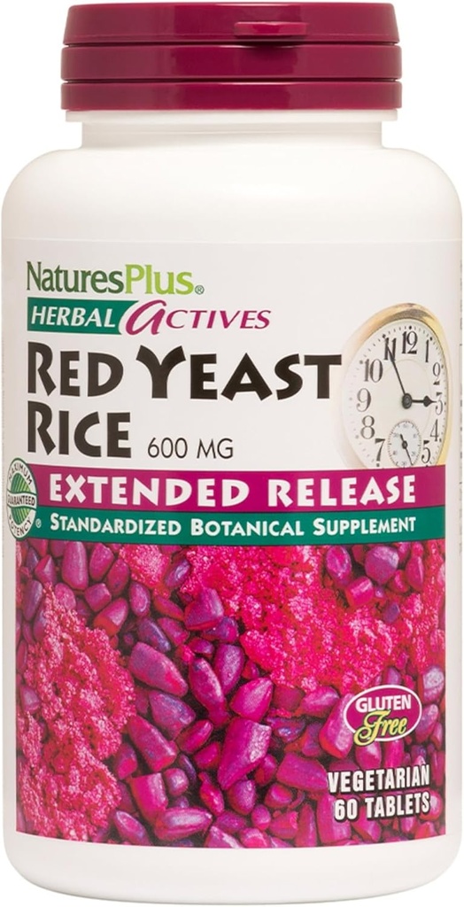NaturesPlus Herbal Actives Red Yeast Rice, Extended Release - 600mg, 60 Vegan Tablets - Βότανο Συμπλήρωμα - Χοληστερόλη Υποστήριξη - Χορτοφαγικά, Χωρίς Γλουτένη - 60 Σερβιέτες