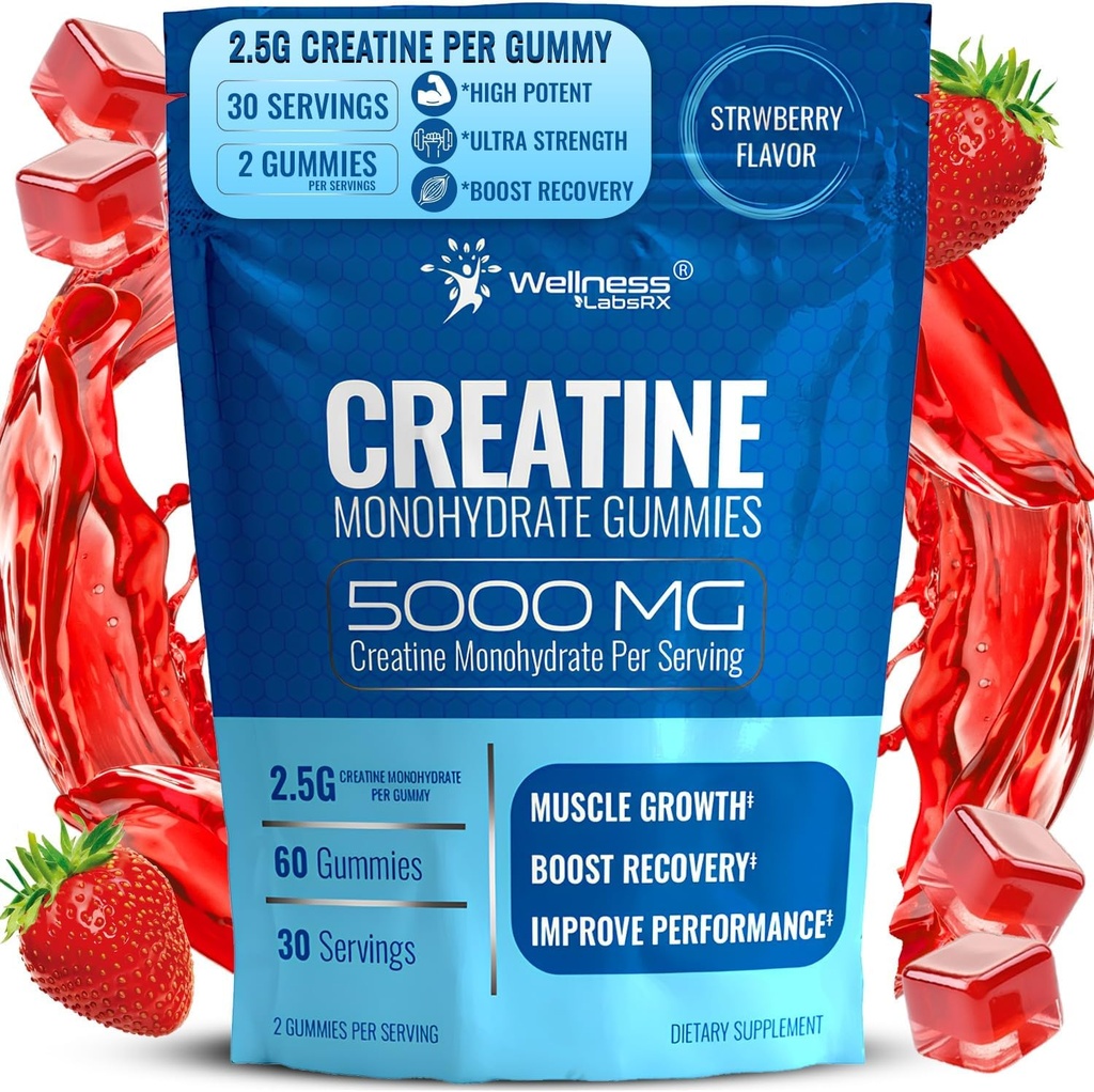 Kretine Gummies 5000 mg, 30 Servisler Kretin Monohidrat Gummies - Kadınlar için Üçüncü Taraflı Test Edildi, Strawberry Flavorine for Men, Kas Büyüme, Güçlü ve Kurtarma - 1 Paket
