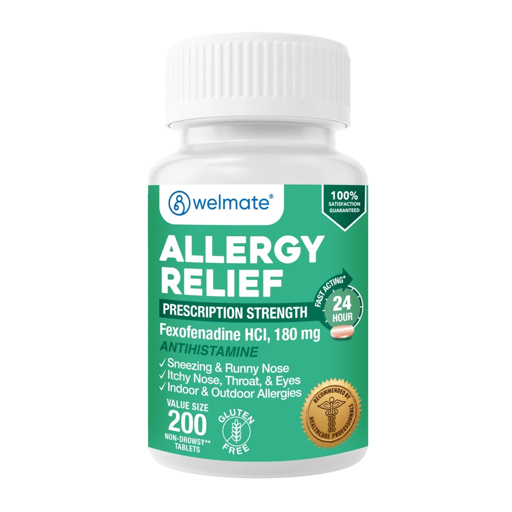 WELMATE Antivirüs Yardımı - Fexofenadine HCl 180 mg - Non-Drowsy Antihistamine - 200 Kont Tabletler