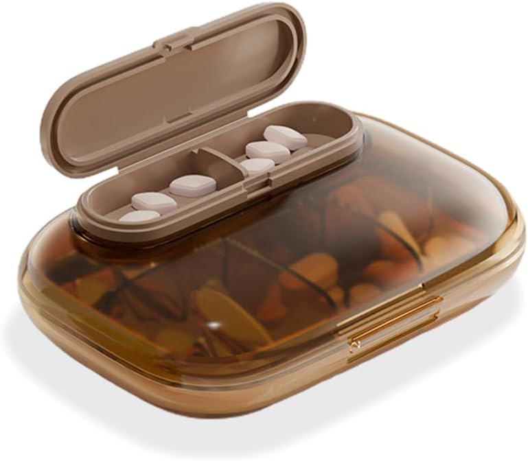 Küçük 7 Günlük Pill Case, Compact Weekly Vitamin Box, Portatif Seyahat Pill yapıştırıcısı, Şık İlaçlar ve Supplements Organizer (Brown)