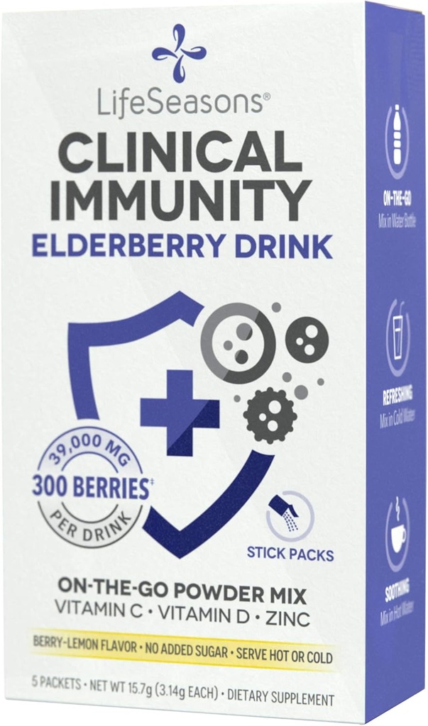 LifeSeasons Κλινική Ανοσία - Elderberry Drink Mix - Προστατεύει & Πολεμά για Υγιεινή Ανοσολογική Ανταπόκριση - Ανοσία Booster - 3X Better Than Vitamin C - Σερβίρετε Ζεστή ή Ψυχρή - Βιταμίνη C + D + Ψευδάργυρος - (5 Pack)