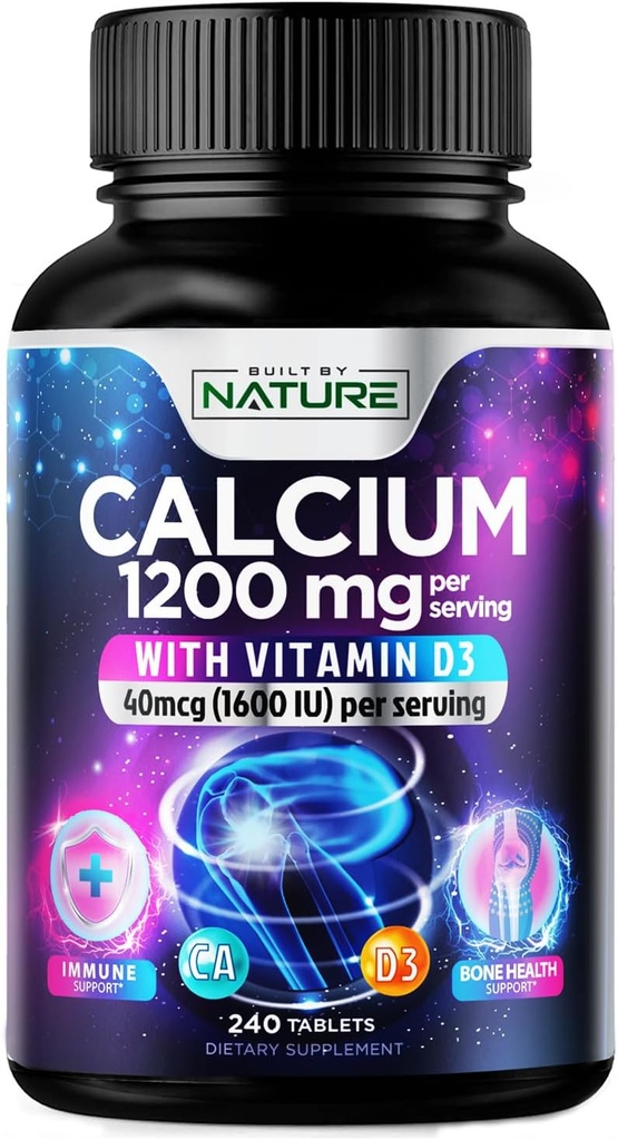 Ασβέστιο 1200mg με Βιταμίνη D3 για Καλύτερη Απορρόφηση - Advanced Bone Support Supplement, 1200 mg Ασβέστιο Ανθρακικό & 1600 IU Βιταμίνη D3, Αργή απελευθέρωση για Ανοσολογική Υποστήριξη, Εύκολο στην Κατάποση, 240 δισκία