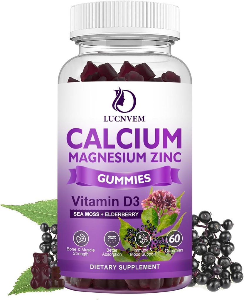 Sugar Freeuba çinko Magnezyum Gummies with Elderberry and Sea Moss, Kalsiyum 2:1, Magnezyum Glycinate, Pyum ve D3 Kemikler, Kaslar, Calm Mood & Sleep Support, 60 Gummies