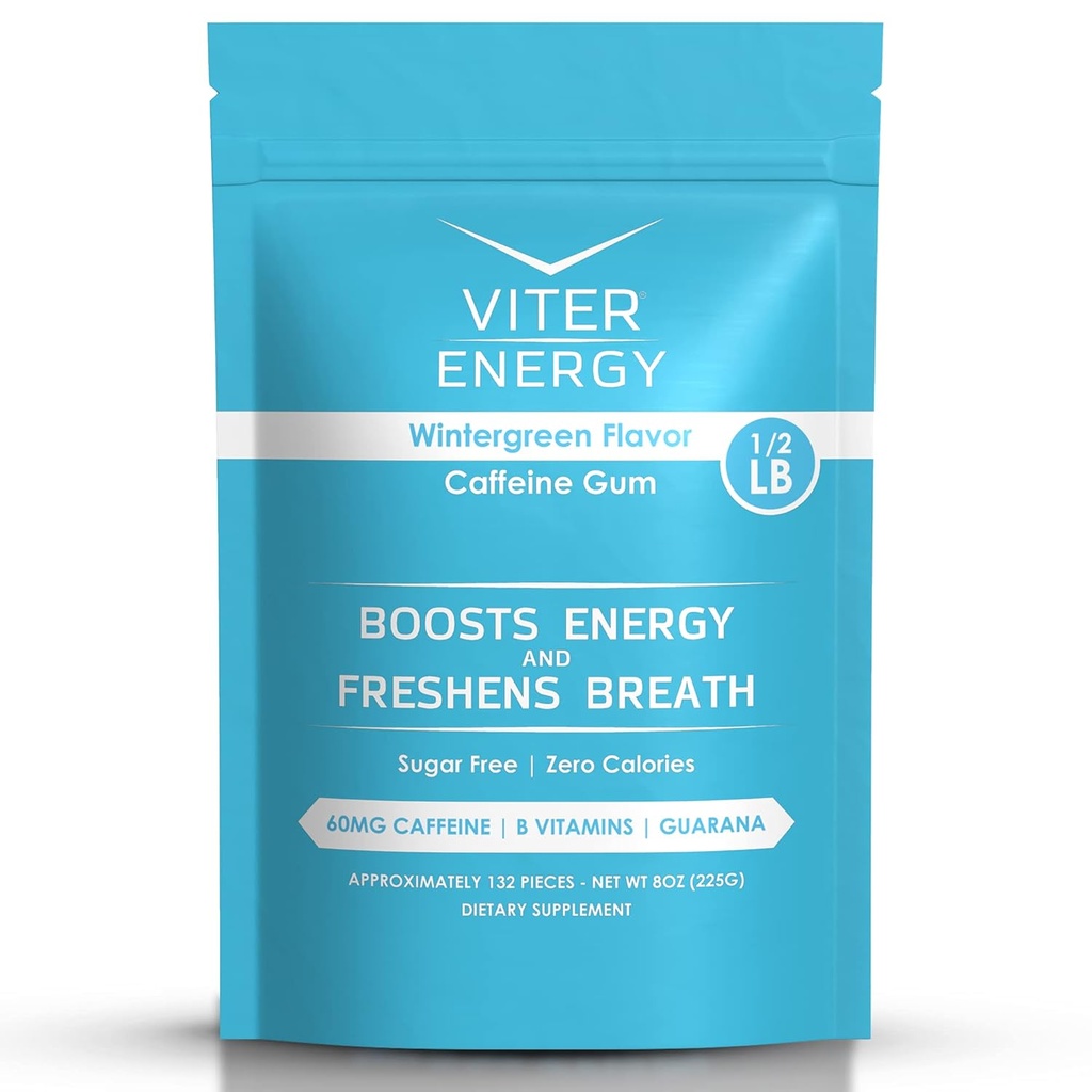 Viter Energy Caffeinated Gum 60 mg Caffeine, B Vitamins, Guarana, Sugar Free. (Wintergreen, 8oz, Bulk Bag)