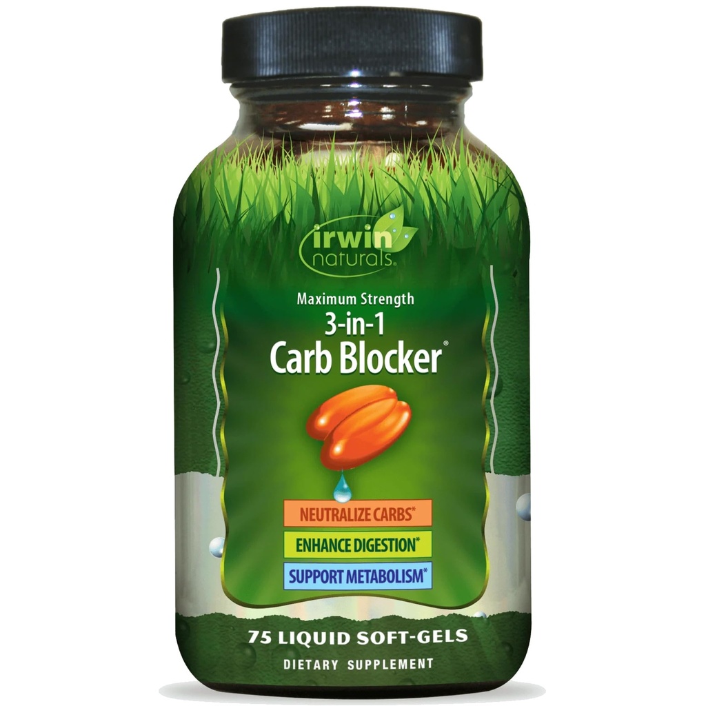 Irwin Naturals Maximum Strength 3-in-1 Carb Blocker - Neutralize Carbohydrates, Aids Digestion and Metabolism Booster - White Kidney Bean Extract + Chromium + Enzyme Blend - 75 Liquid Soft-Gels
