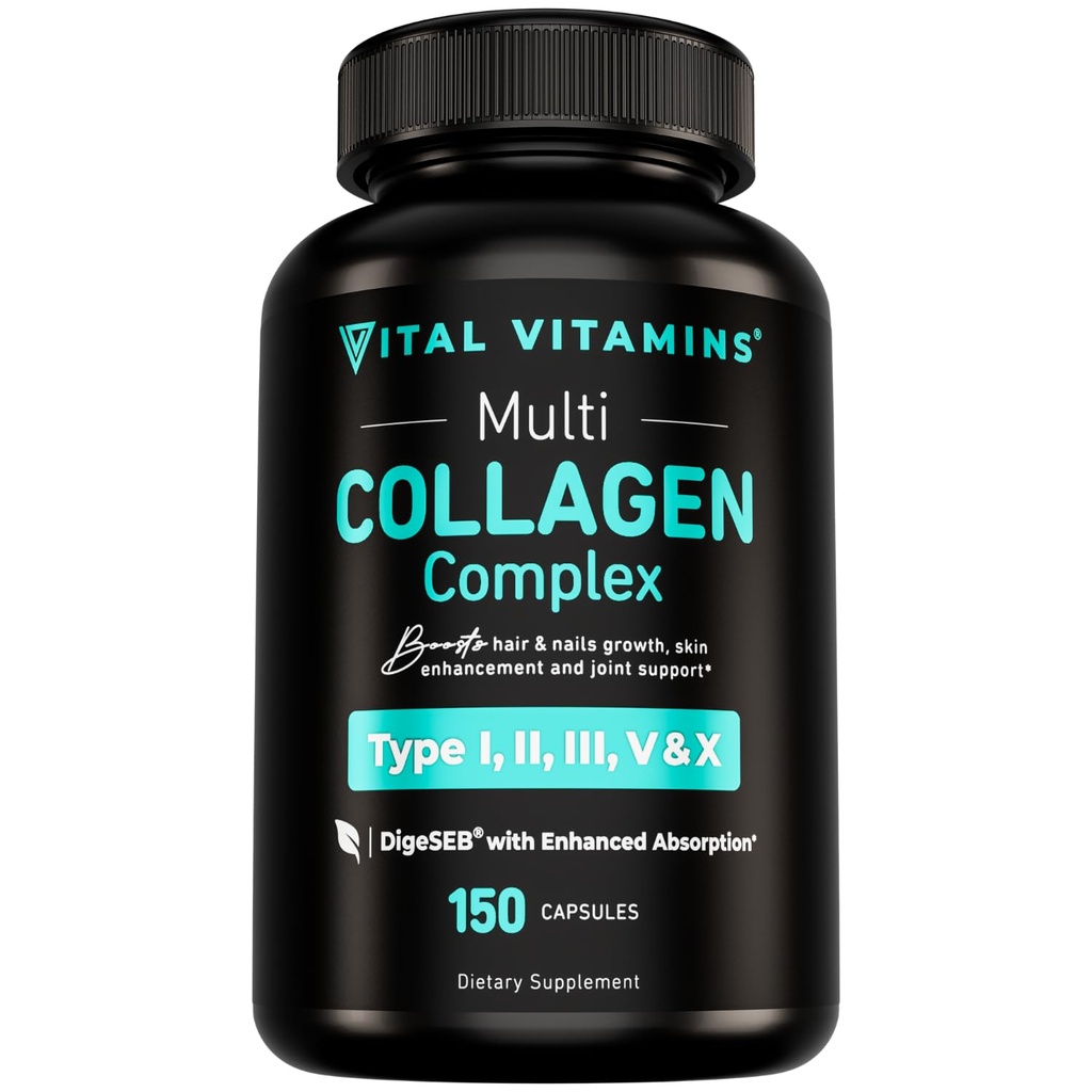 Vitals Vitaminler Kadınlar ve Erkekler için Multi Collagen - Tip I, II, III, V, X - Grass, Non-GMO - 150 Capsules