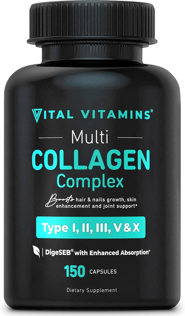 Vitals Vitaminler Kadınlar ve Erkekler için Multi Collagen - Tip I, II, III, V, X - Grass, Non-GMO - 150 Capsules
