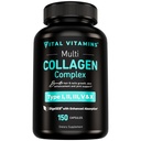 Vitals Vitaminler Kadınlar ve Erkekler için Multi Collagen - Tip I, II, III, V, X - Grass, Non-GMO - 150 Capsules