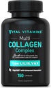 Vitals Vitaminler Kadınlar ve Erkekler için Multi Collagen - Tip I, II, III, V, X - Grass, Non-GMO - 150 Capsules