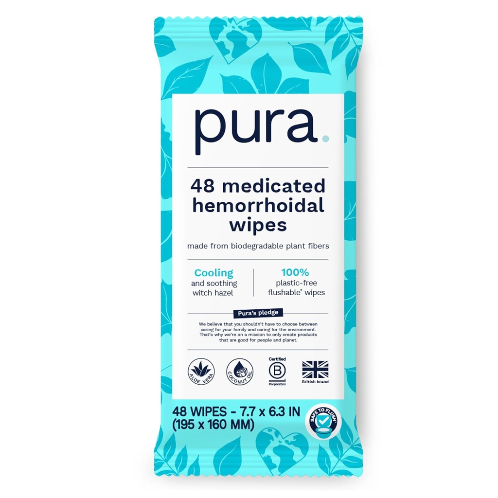 Pura Flushable Hemorrhoid Wipes XL, 48 Kont, Medicated with Soğutma Cadısı, Aloe & Coconut Oil, Hızlı Yardım, Fragrance-Free, 100% Plastik-Free