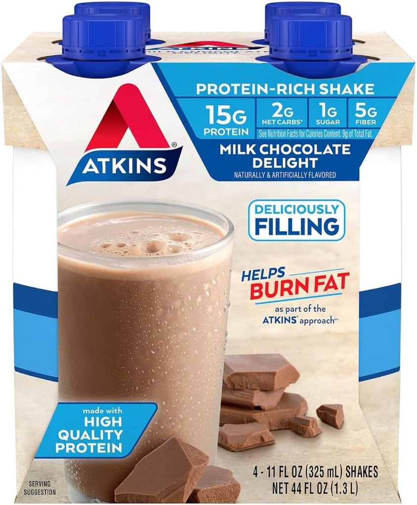 Atkins σοκολάτα γάλακτος απολαυστική πρωτεΐνη Shake, 15g πρωτεΐνη, χαμηλή γλυκαιμική, 2g καθαρό υδατάνθρακες, 1g ζάχαρη, Κετό φιλικό, 4 κόμης