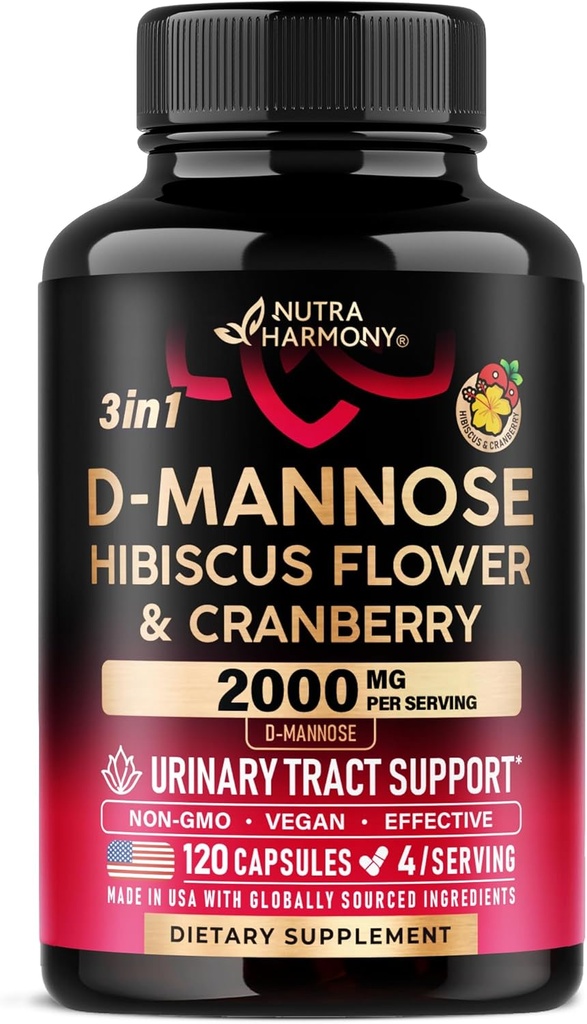 D-Mannose 2000 mg with Cranberry & Hibiscus - Klinik olarak Urinary Tract Health - Women için Tamam - Bladder, Liver & Microflora Support - USA'da Made, Vegan, 120 Capsules
