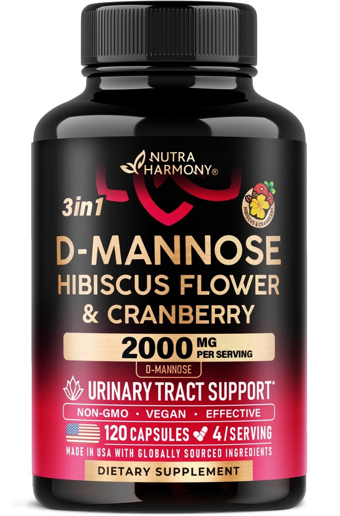 D-Mannose 2000 mg with Cranberry & Hibiscus - Klinik olarak Urinary Tract Health - Women için Tamam - Bladder, Liver & Microflora Support - USA'da Made, Vegan, 120 Capsules