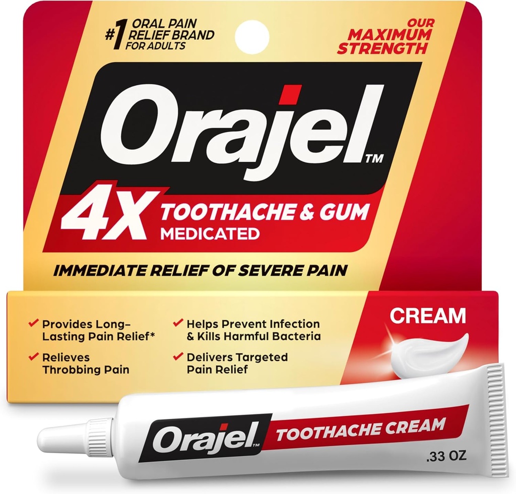 Orajel 4X Toothache & Gum Pain: Severe Cream Tube 0.33oz- Oral Pain Relief Brand