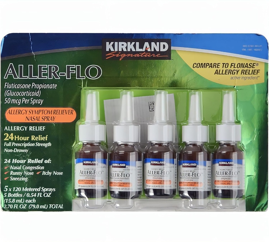 KIRKLAND Signature Aller-Flo Fluticasone Seiko (Glucorticoid) 5 Şişe x 120 Malzemeli Kombinasyonlar 0.54 Fl OZ Şişe başına (15.8 mL x 5) 2.70 OZ Total (79 mL Total) 600 Toplam Kombinasyon